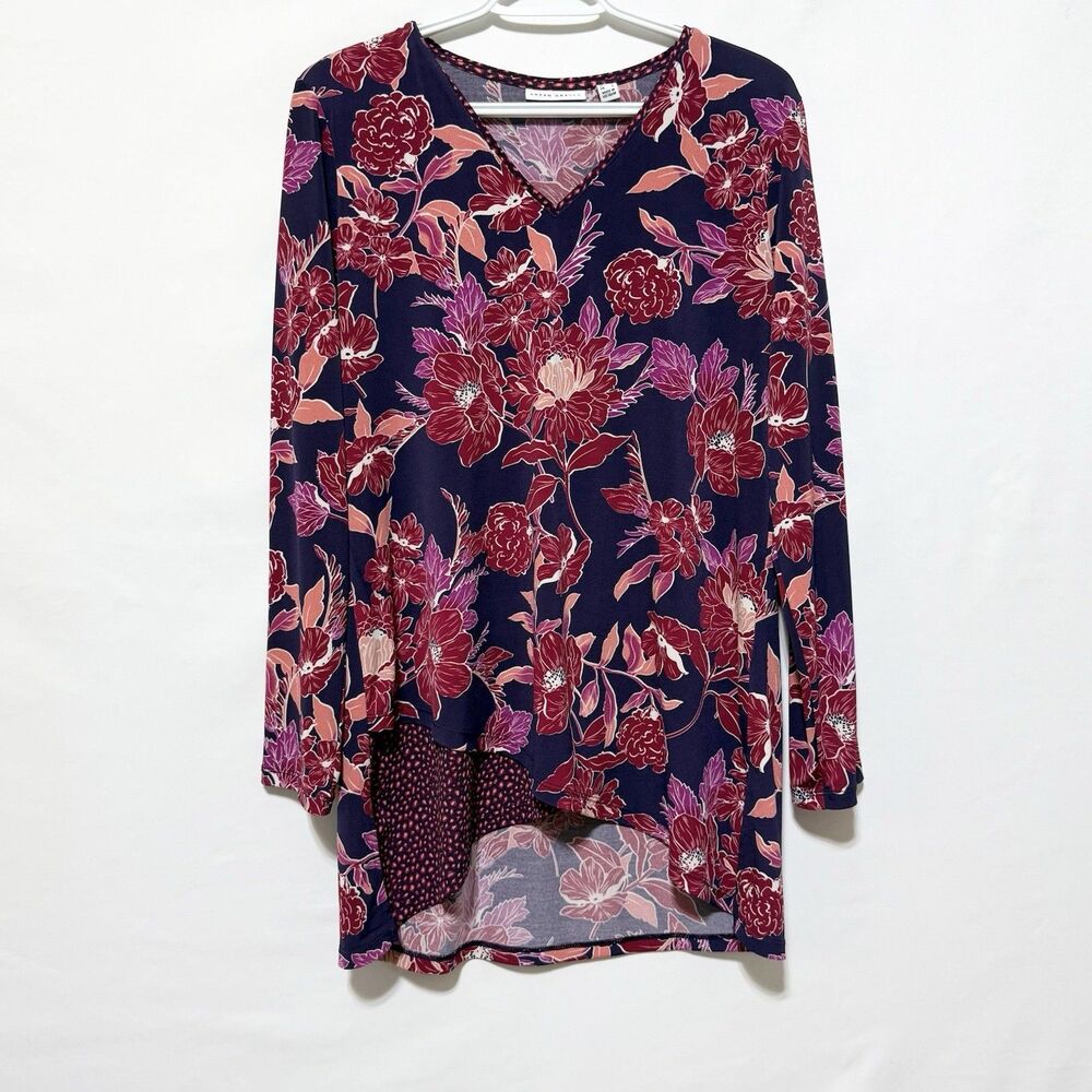 Susan Graver Tunic Top Size M Liquid Knit Purple Floral Blouse Cross Over Hem